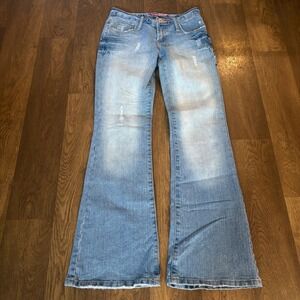 Vintage Y2K Glam Mall Core Style Lazer Jeans Light Wash Faded Flare Leg Jeans
